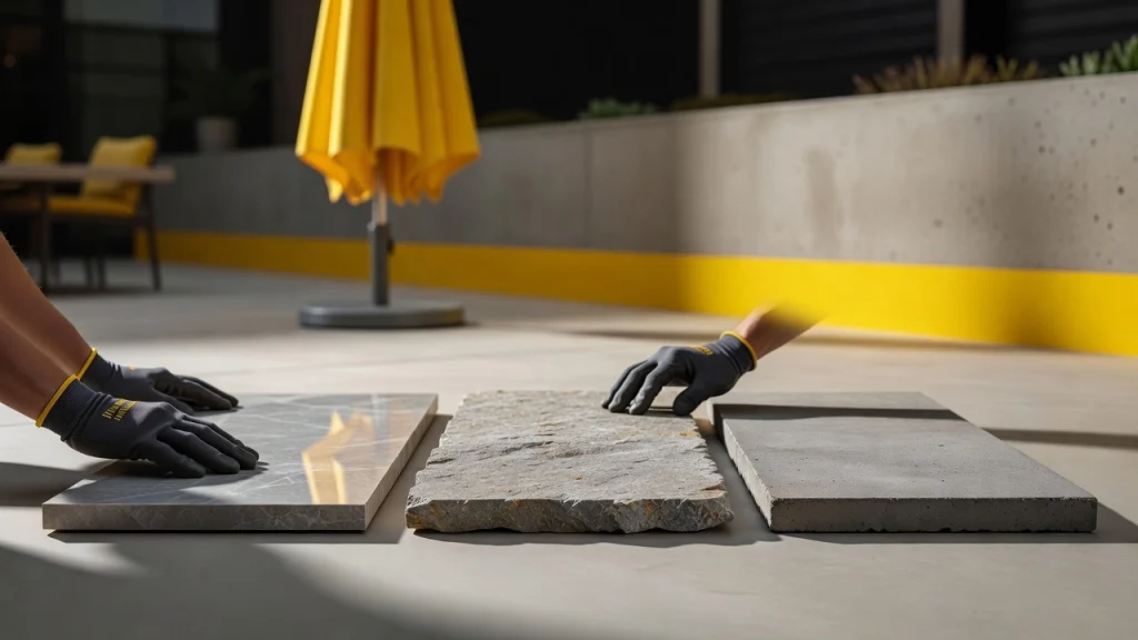 Professional header image for comparison analysis: Patio Slabs Compared: Porcelain, Natural Stone and Concrete